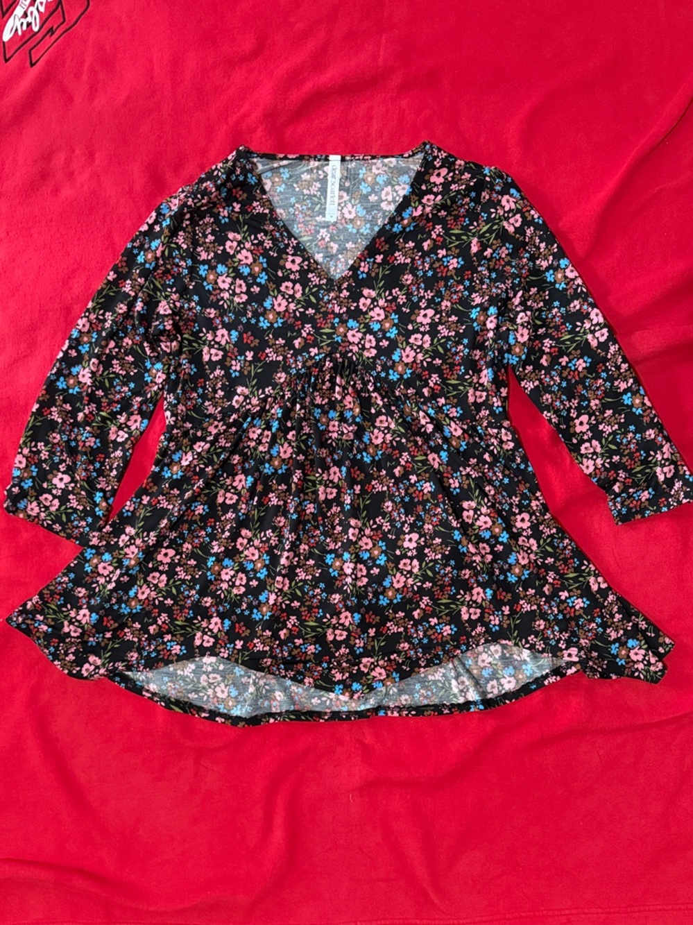 Dear Scarlett Black Floral V-Neck Peplum Blouse with Pink & Blue Blossoms